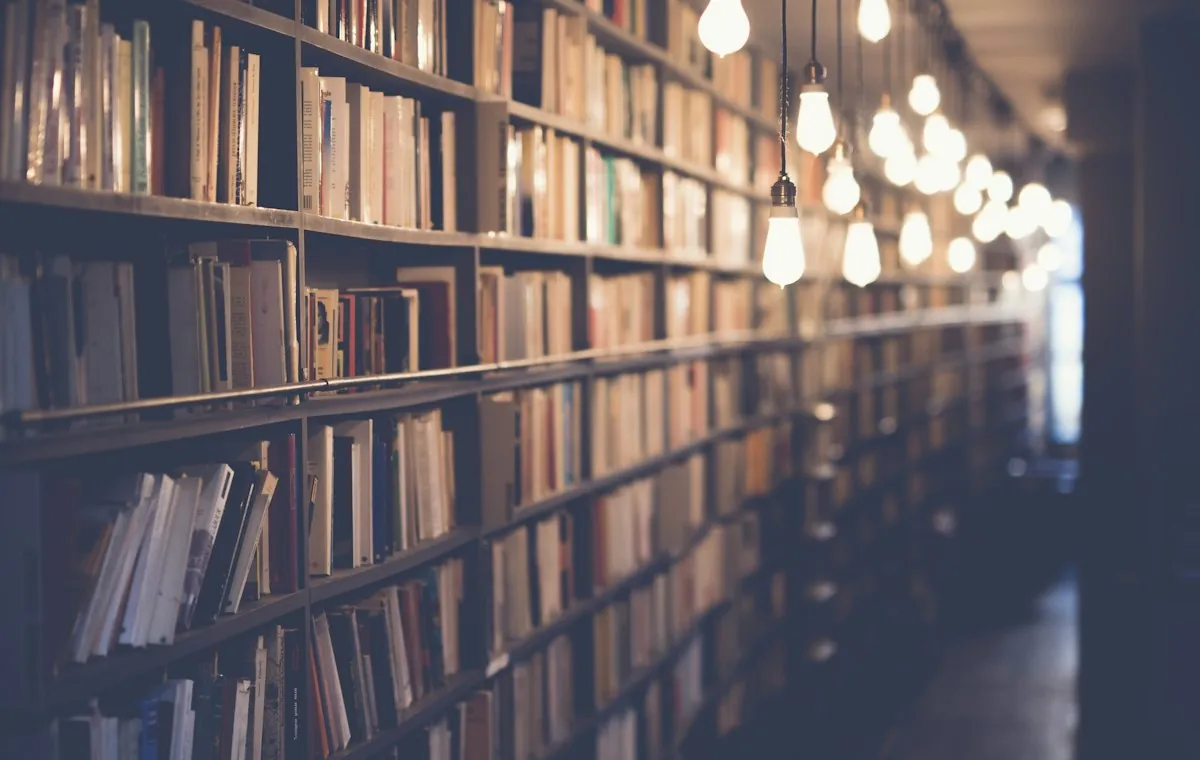 Open books on a library shelf