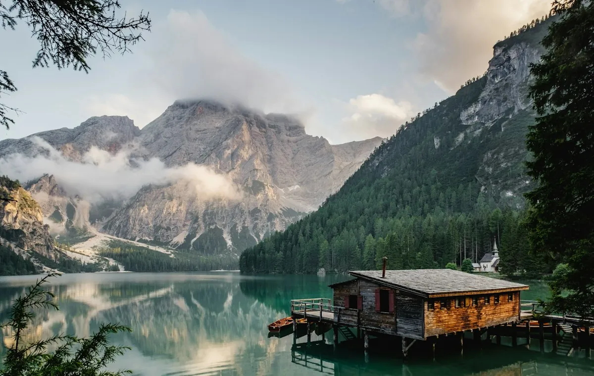 Quiet mountain lake and green hills